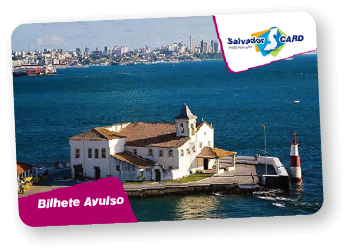 Cartão físico SalvadorCard Bilhete Avulso, ilustrado com uma paisagem de Salvador.